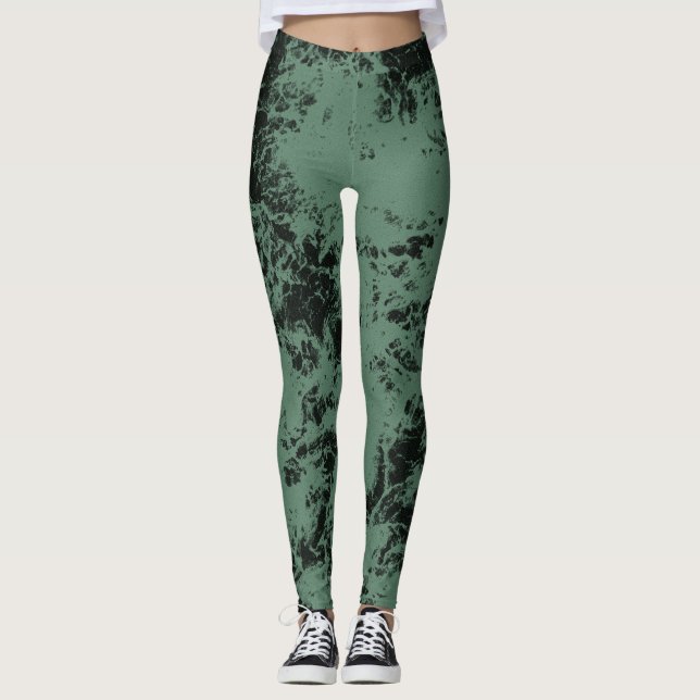 Marble texture pattern in black and green  leggings (Front)