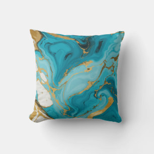 Marble Texture Turquoise and Gold Silver Throw Pillow
