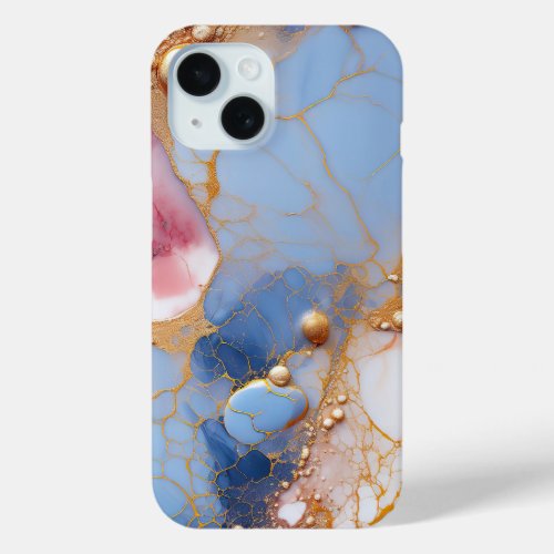 Marble Texture with Gold Accents and Blue Hues iPhone 15 Case