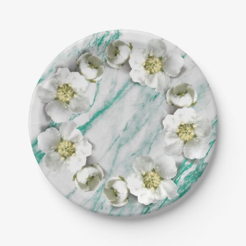 Marble Tiffany Emerald Floral Wreath Glitter Paper Plates