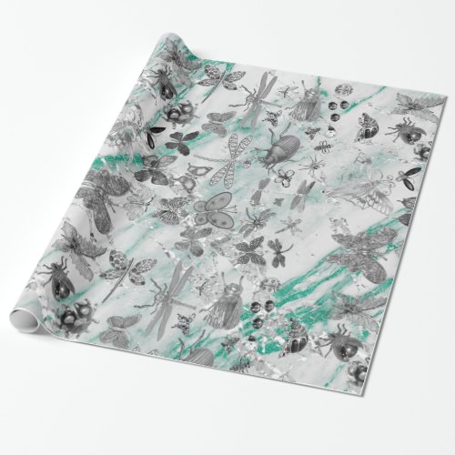 Marble Tiffany Gray Meadow Butterfly Insects Gems Wrapping Paper