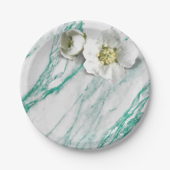 Marble Tiffany Mint Emerald White Jasmine Glitter Paper Plates (Front)