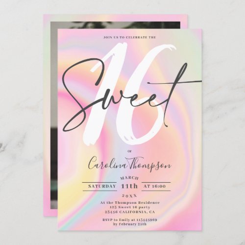 Marble unicorn rainbow pastel font photo Sweet 16 Invitation