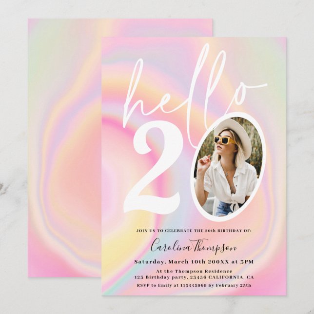 Marble unicorn rainbow pastel photo chic hello 20 invitation (Front/Back)
