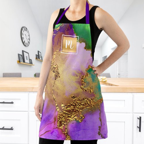 Marble watercolor chic gold purple green monogram apron