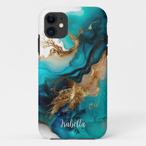 Marble Watercolor Cyan Blue Gold  iPhone 11 Case