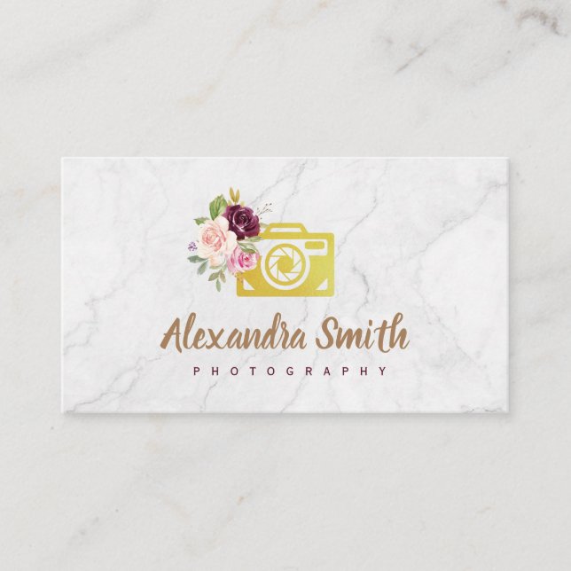 marble watercolor floral logo photographer business card (Front)