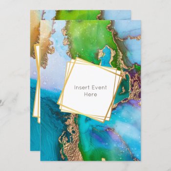 Marble Watercolor Gold Blue Green Vibrant Wedding Invitation by mensgifts at Zazzle