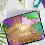 Marble watercolor gold foil purple green monogram laptop sleeve<br><div class="desc">A sparkly, faux gold foil square with a script typography monogram initial overlays a rich, gold veined, purple, green, aqua, and pink watercolor background on this elegant, trendy, girly, monogramed neoprene laptop sleeve. Makes a fun and stylish statement every time you use it. This laptop sleeve comes in three sizes:...</div>