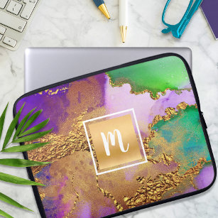 Marble watercolor gold foil purple green monogram laptop sleeve