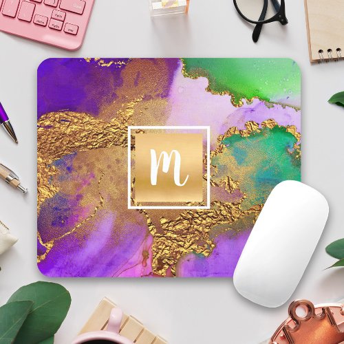 Marble watercolor gold purple aqua green monogram mouse pad