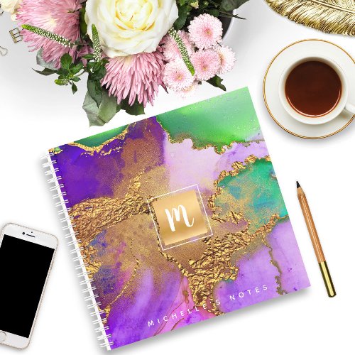Marble watercolor gold purple aqua monogram square notebook