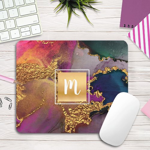 Marble watercolor gold purple blue green monogram mouse pad