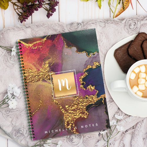 Marble watercolor gold purple blue green monogram notebook