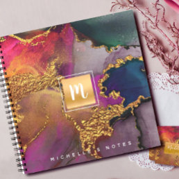 Marble watercolor gold purple blue monogram square notebook
