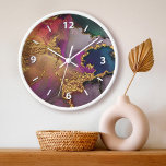 Marble watercolor gold purple green blue chic glam clock<br><div class="desc">White graphic numerals overlay a rich, glam, gold veined, navy blue, hunter green, pink, and purple abstract watercolor on this elegant, trendy, modern, wall clock. Your choice of a round or square clock face. Makes a welcome and stylish statement wherever it’s hung. A great addition to your living room or...</div>