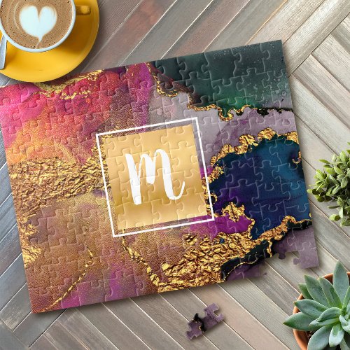 Marble watercolor gold purple green blue monogram jigsaw puzzle