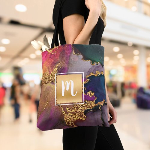 Marble watercolor gold purple green blue monogram tote bag