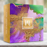 Marble watercolor gold purple green salon monogram 3 ring binder<br><div class="desc">Keep track of your business in style with this chic, elegant, modern, custom binder. Personalize with the initial of your choice and your name, job title, salon name, or other info. A sparkly, faux gold foil square with a script typography monogram overlays a rich, gold veined, purple, green, and pink...</div>