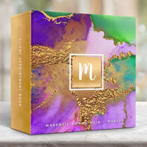 Marble watercolor gold purple green salon monogram 3 ring binder