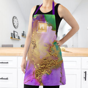 Marble watercolor gold purple green salon monogram apron