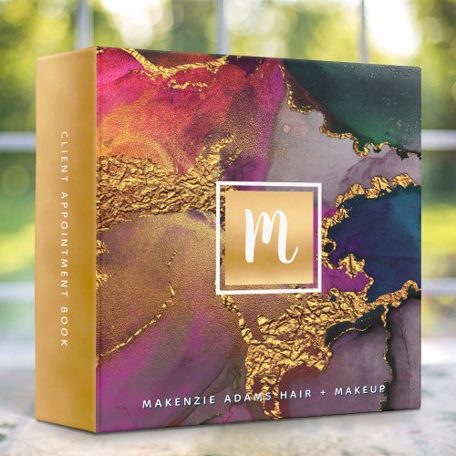 Marble watercolor gold purple navy salon monogram 3 ring binder