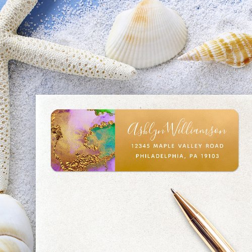 Marble watercolor gold purple turquoise address label