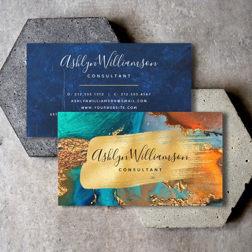 Marble watercolor gold turquoise modern script business card