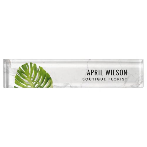 MARBLE WATERCOLOR GREEN MONSTERA LEAF FOLIAGE DESK NAME PLATE