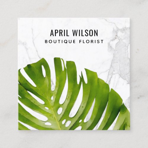 MARBLE WATERCOLOR GREEN MONSTERA LEAF FOLIAGE SQUARE BUSINESS CARD
