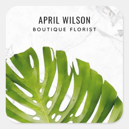 MARBLE WATERCOLOR GREEN MONSTERA LEAF FOLIAGE SQUARE STICKER
