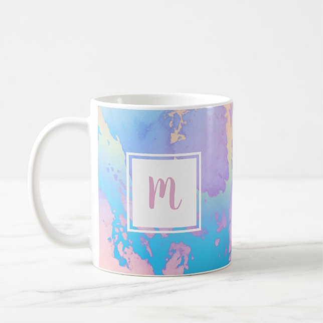 Marble watercolor purple pink blue monogram modern coffee mug (Left)