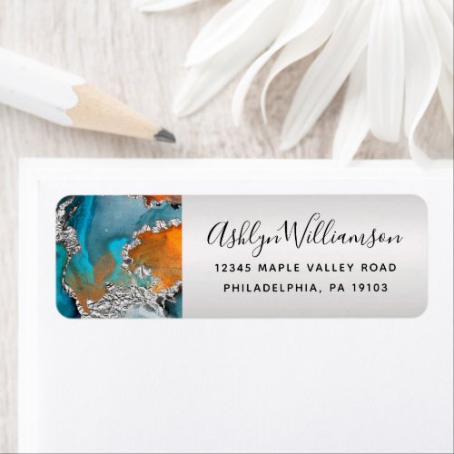 Marble watercolor silver turquoise orange address label