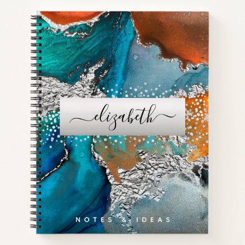 Marble watercolor silver turquoise orange script notebook