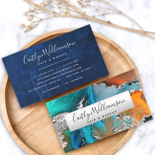 Marble watercolor silver turquoise script stylist business card