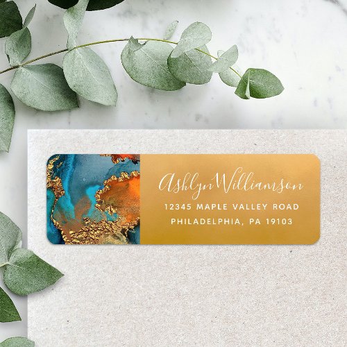 Marble watercolor turquoise gold orange address label