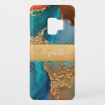 Marble watercolor turquoise gold orange your name Case-Mate samsung galaxy s9 case<br><div class="desc">A sparkly, faux gold foil band with your script typography name overlays a rich, gold veined, turquoise blue, and yellow orange watercolor background on this chic, elegant, modern cell phone case. Personalize with your name. Makes a fun and stylish statement every time you use it. A great gift for a...</div>