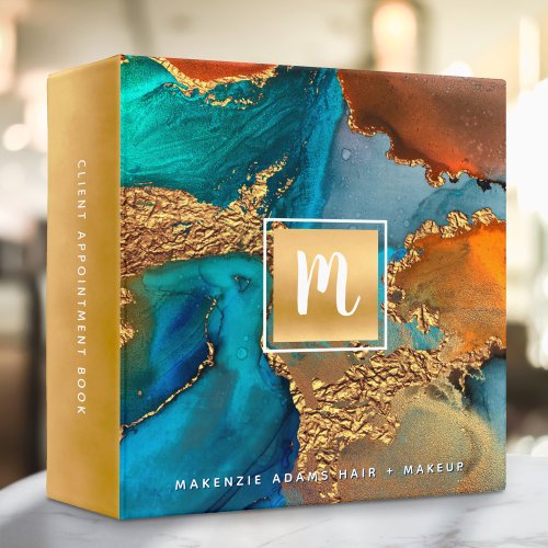 Marble watercolor turquoise gold salon monogram 3 ring binder