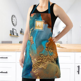 Marble watercolor turquoise gold salon monogram apron