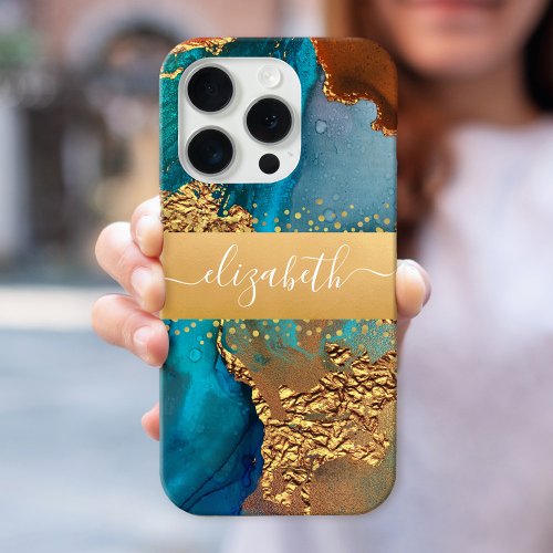 Marble watercolor turquoise orange gold your name iPhone 15 pro case