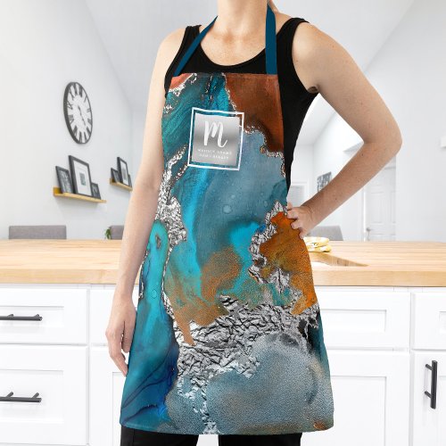 Marble watercolor turquoise silver salon monogram apron