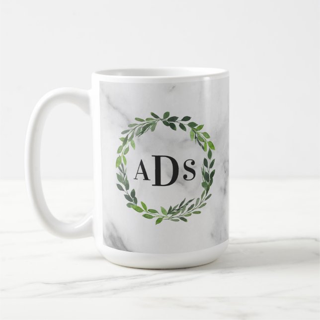 Marble watercolor wreath monogram coffee mug (Left)