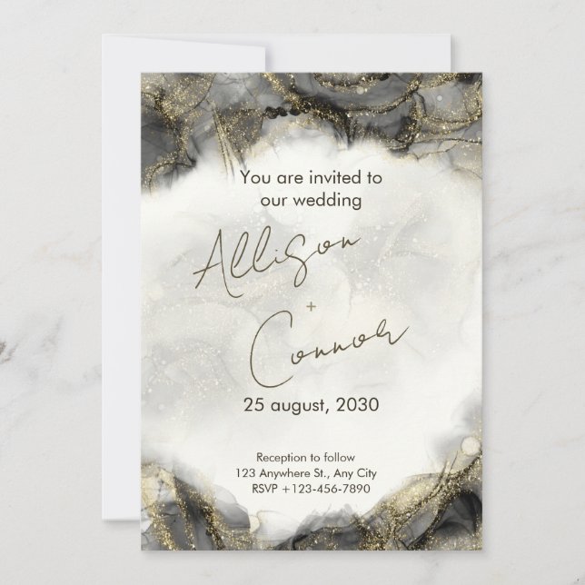 Marble wedding invitation with black and gold comb (Front)