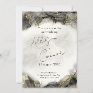 Marble wedding invitation with black and gold comb