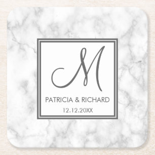 Marble Wedding Monogram Square Paper Coaster