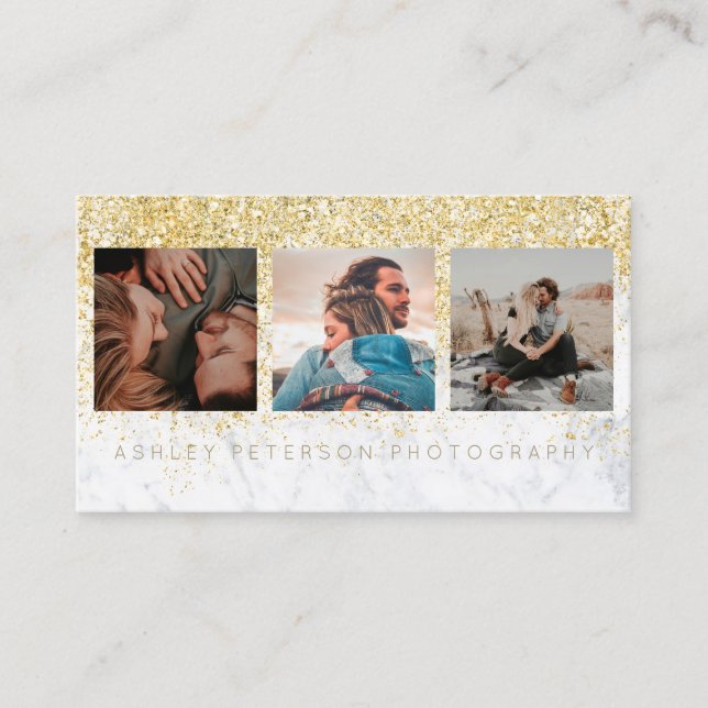 Marble wedding photography chic gold typography business card (Front)