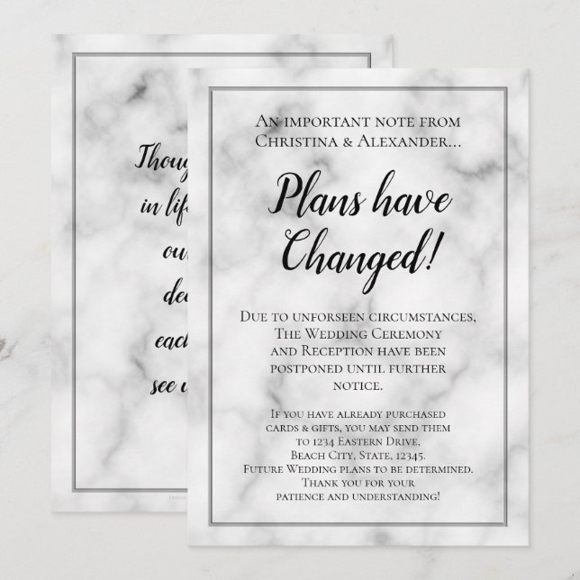 Marble Wedding Postponed Cancelled Postponement Invitation (Front/Back)
