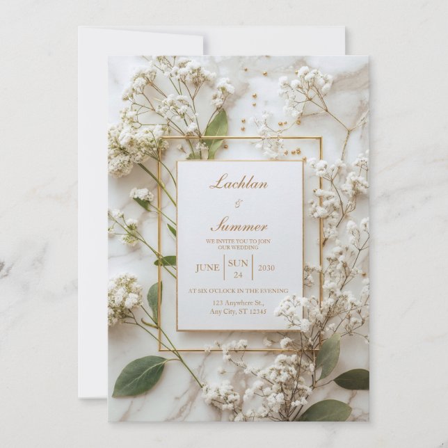 Marble White Baby's Breath Minimalist Wedding Invitation (Front)