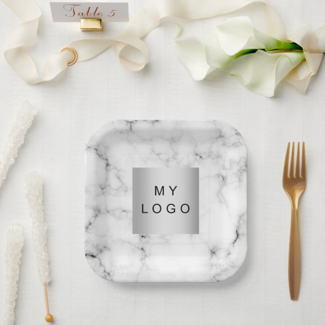 Marble white black business logo paper plates (Wedding)