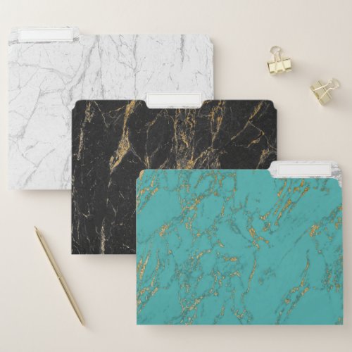 Marble White Black Gold  Turquoise File Folder